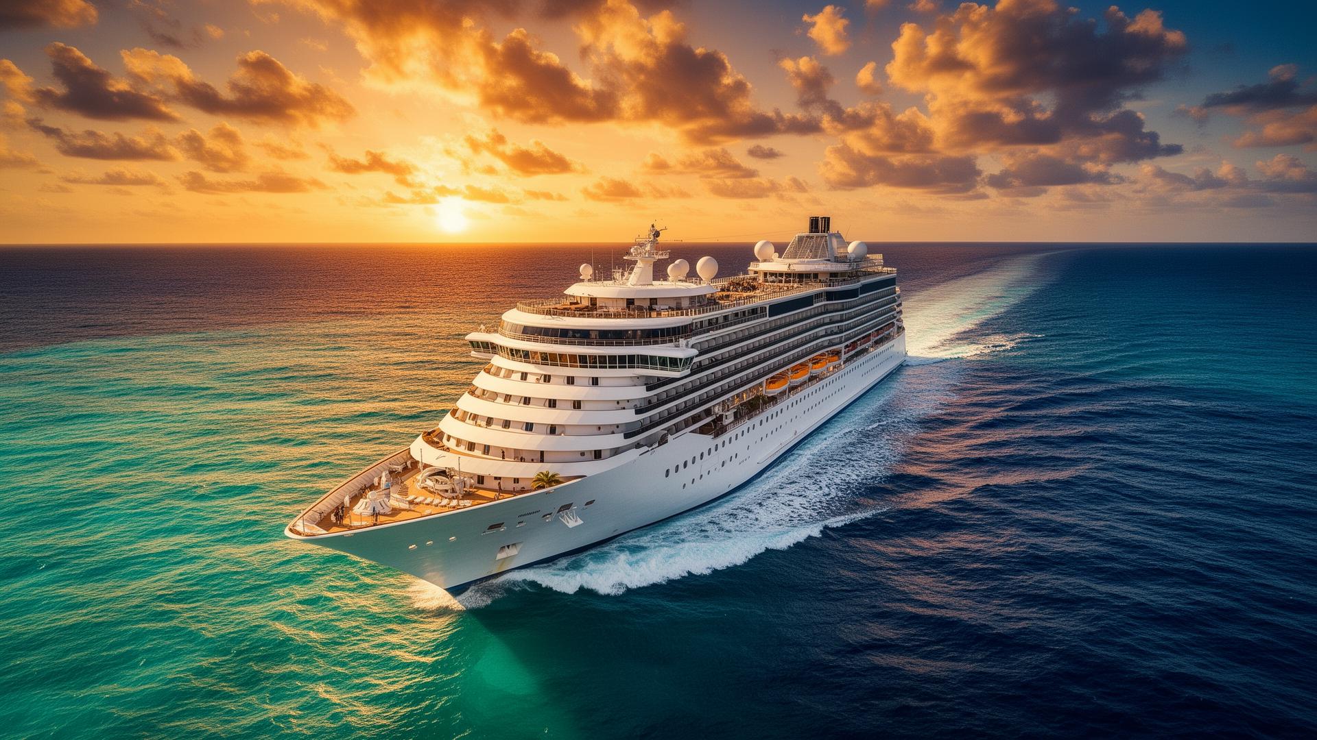 Cruise ship sailing at sunset